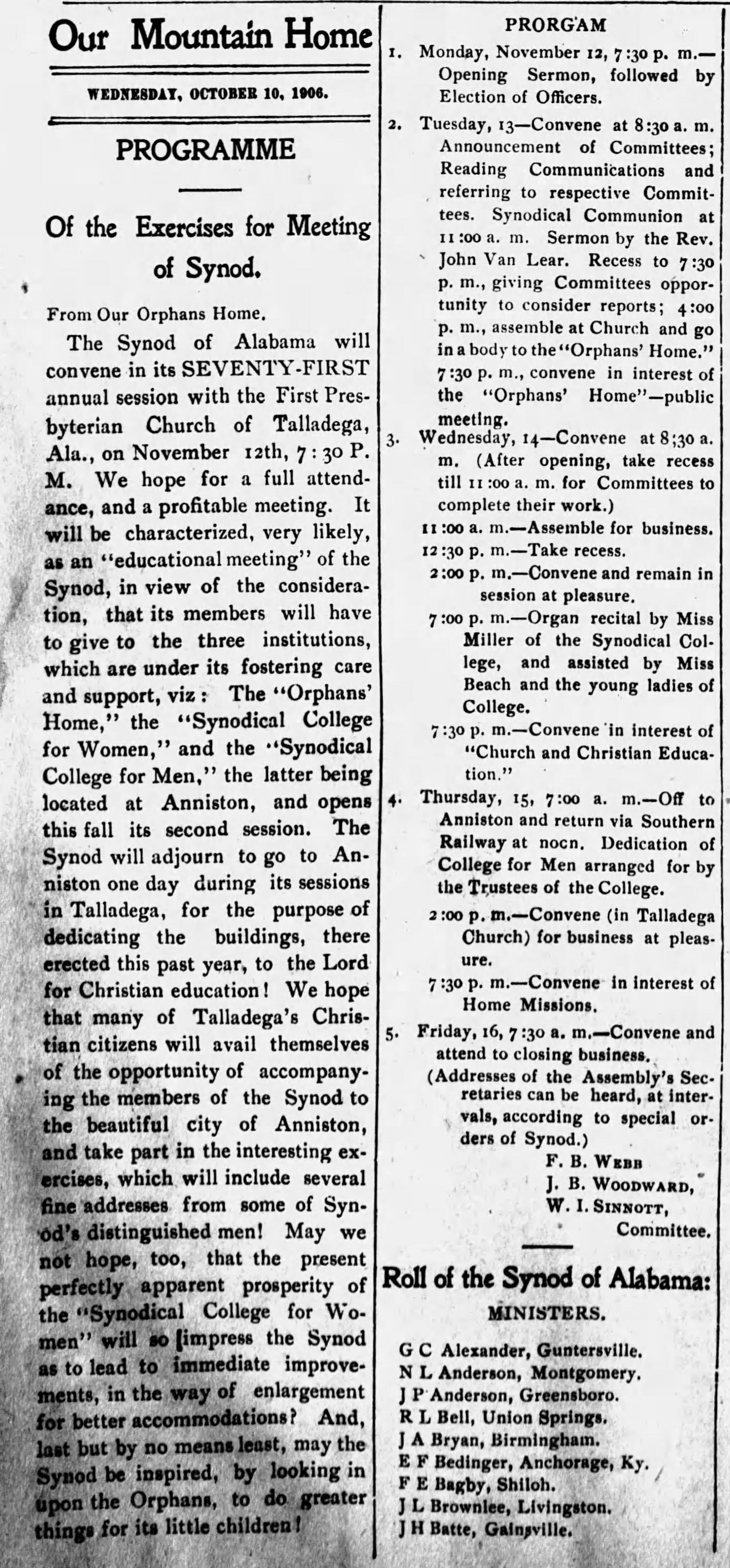 Programme Exercises Synod of Alabama